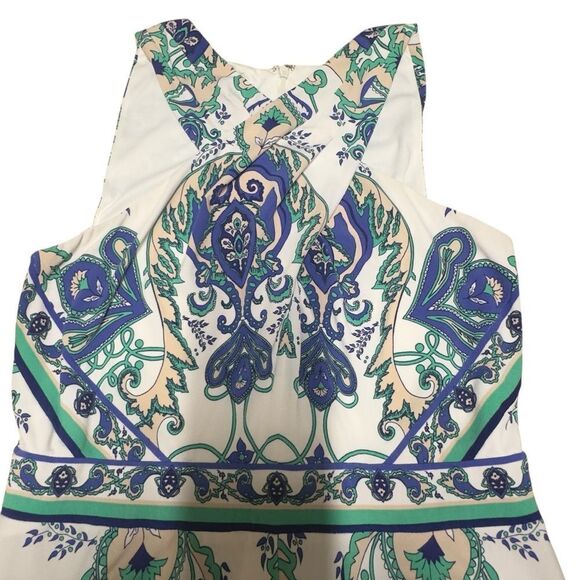 Donna Morgan Blue Green Paisley Print Asymmetrical Midi Dress Size 6 - Picture 7 of 14